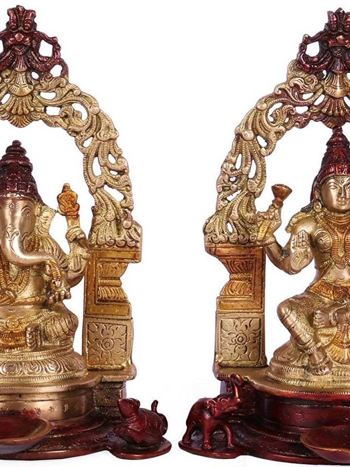 9" Lord Ganesha And Goddeess Lakshmi In Brass | Handmade for wholesale by Exotic India Art