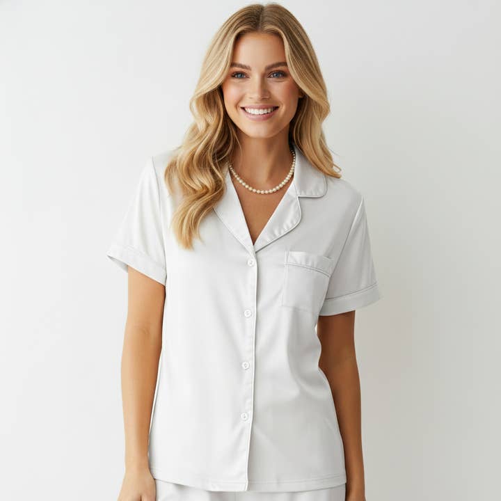 White Pajama Set Forever Bridal Short Sleeve Satin for wholesale by Adore By Michelle Mura Sleepwear & Bridal