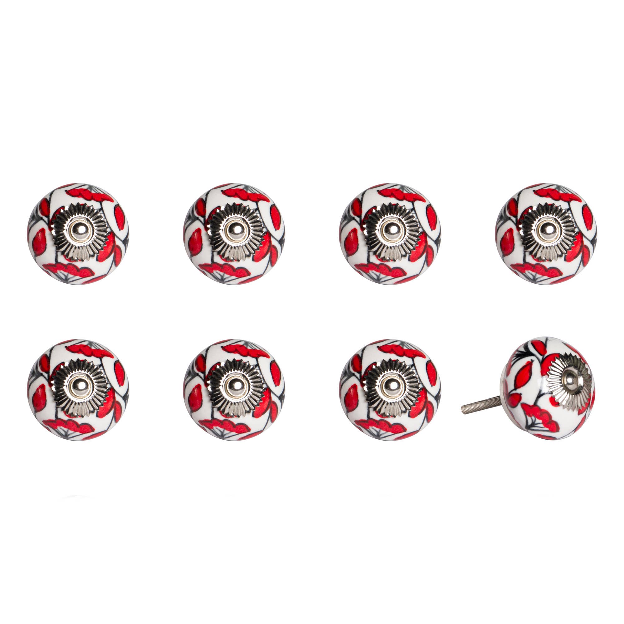 HomeRoots - Wholesale Knob/Pull - Set of Eight White And Red Ceramic And Metal Drawer Pull Knobs0