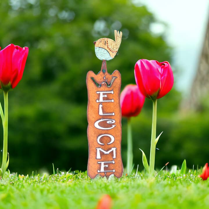 Whimsies - Wholesale Outdoor Sign - Bird Welcome Sign Garden Spring chick metal wall sign USA
