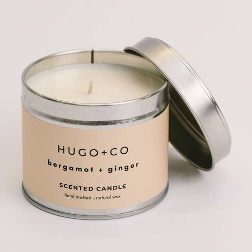 Bergamot & Ginger Soy Wax Scented Candle Tin for wholesale by HUGO+CO