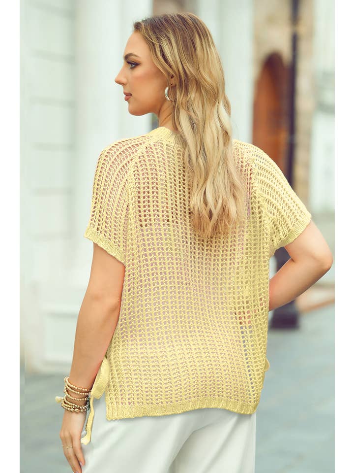 1 the Woman - Wholesale Knit Sweater - Women's - Hollow-out Crochet Side Tied Short Sleeve Sweater