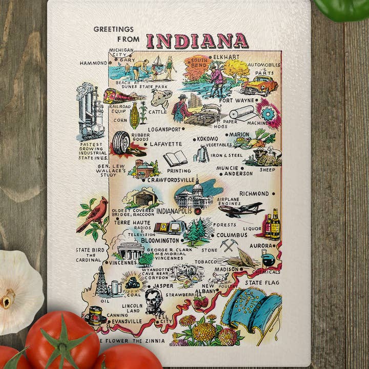 Indiana Vintage Postcard Map Cutting Board Charcuterie for wholesale by Daisy Mae Designs