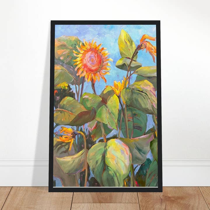 « Southwind Sunflowers 2 » Floral | Impression artistique encadrée en bois 11x14 pouces | Œuvre originale de l'artiste américaine Barbara Cleary pour la vente par Barbara Cleary Designs
