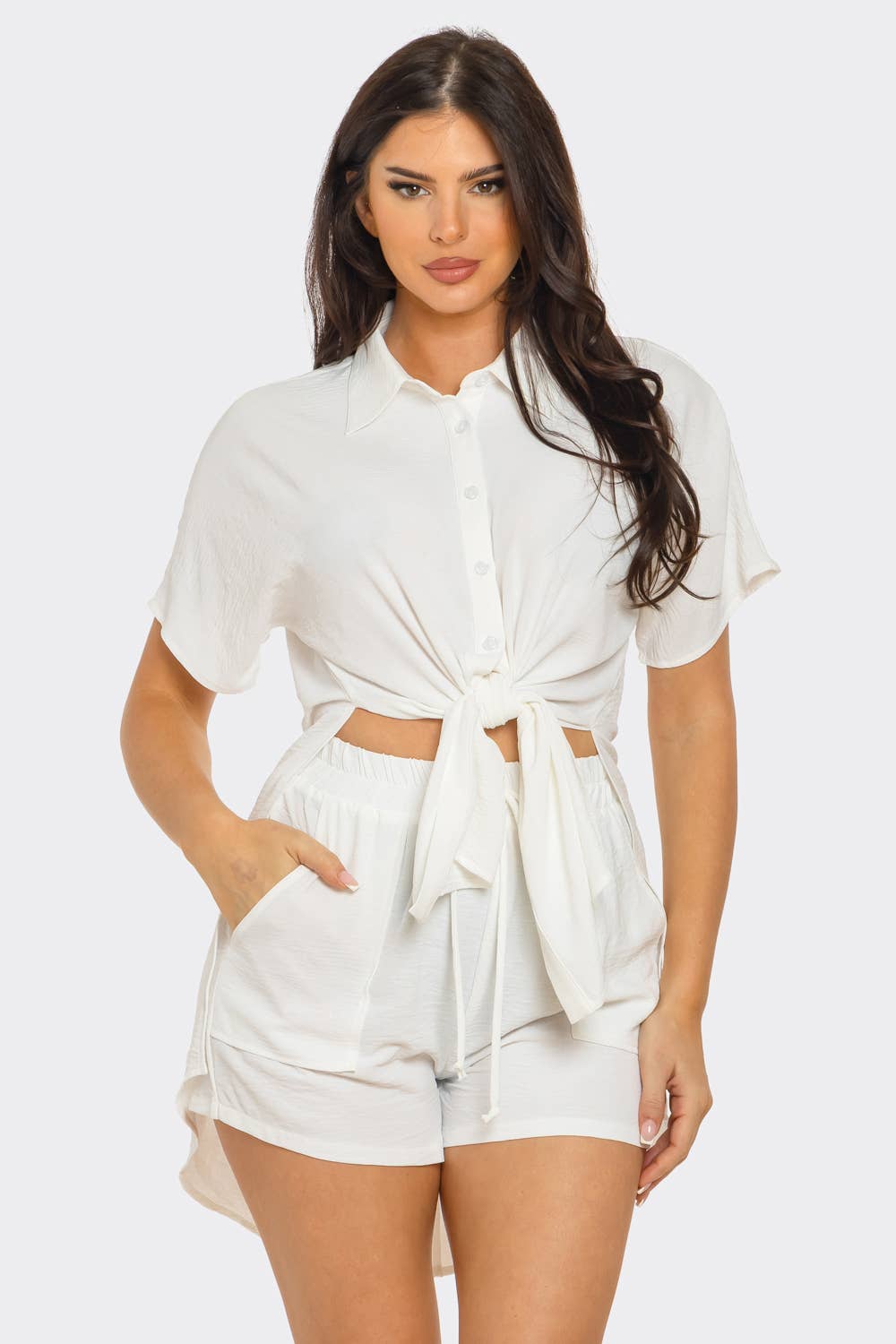 Julia by LoveJ - Vente Ensemble haut et short (PAS d'intérieur) - Femme - Ensemble haut fendu surdimensionné à nouer devant et short10