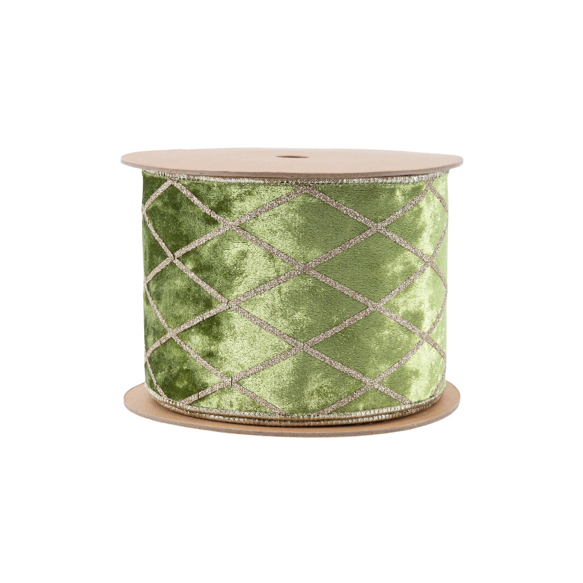 LA Ribbons Wholesale - Wholesale Ribbon - Gift Wrapping - 4" Wired Velvet Ribbon | Willow Green with Glittered Diamond | 10 Yard Roll4