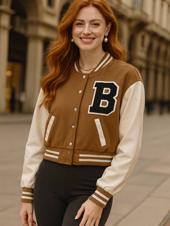 80055 Warm Camel Brown Chic Varsity Jacket for wholesale by LTX Sportswear