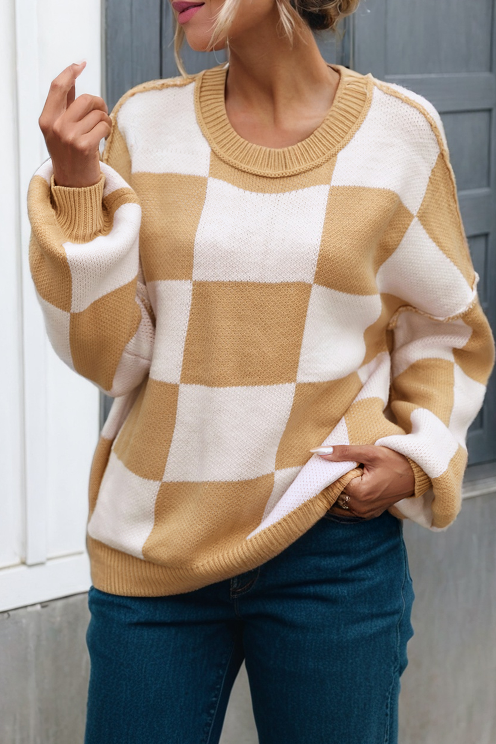 LA Society - Vente Pull en maille – femme - Pull à manches bishop à carreaux LAS (S-XL)11