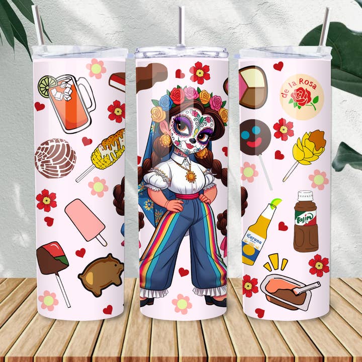 Antojitos Mexicains & Calaverita Tumbler – Gobelet en Acier Inoxydable de 20oz avec Ambiance Día de Muertos & Icônes de la Cultura Adorables pour la vente par Bloom Designs