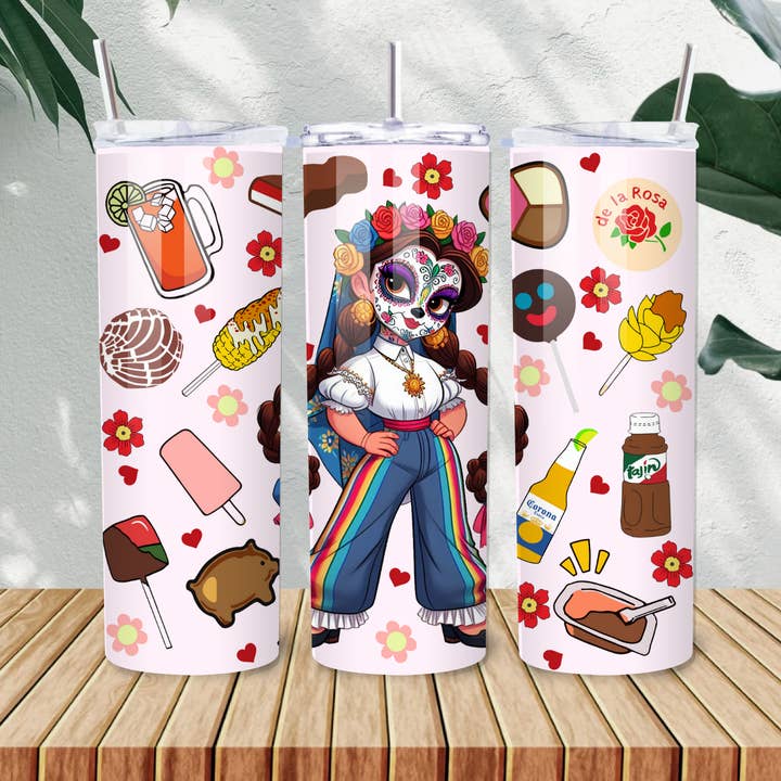 Antojitos Mexicanos & Calaverita Tumbler – Copo de Aço Inoxidável de 20oz com Vibrações do Día de Muertos & Ícones Culturais Fofos por atacado de Bloom Designs