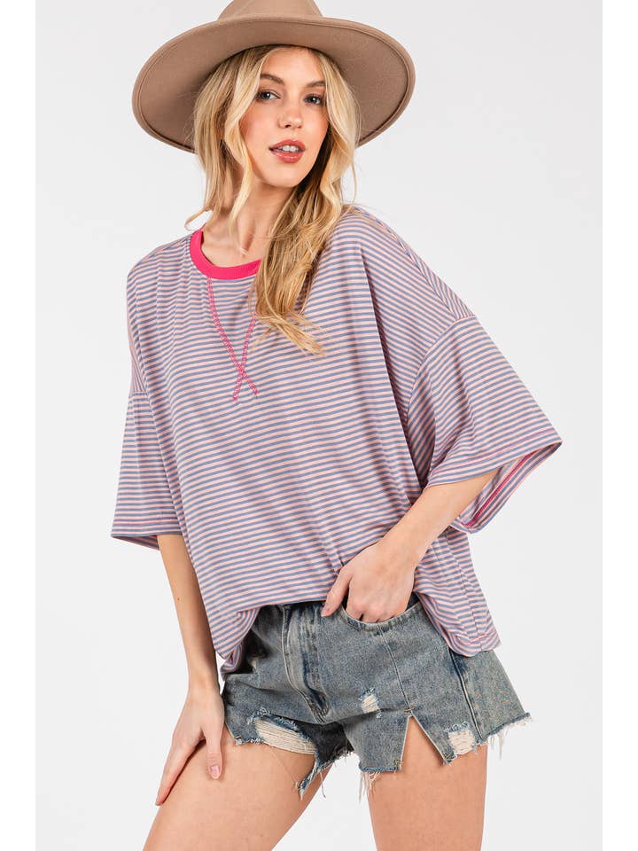 Ces Femme USA - Wholesale Knit Top - Women's - TS13916STA/Contrast Band Striped Shirts Casual Top