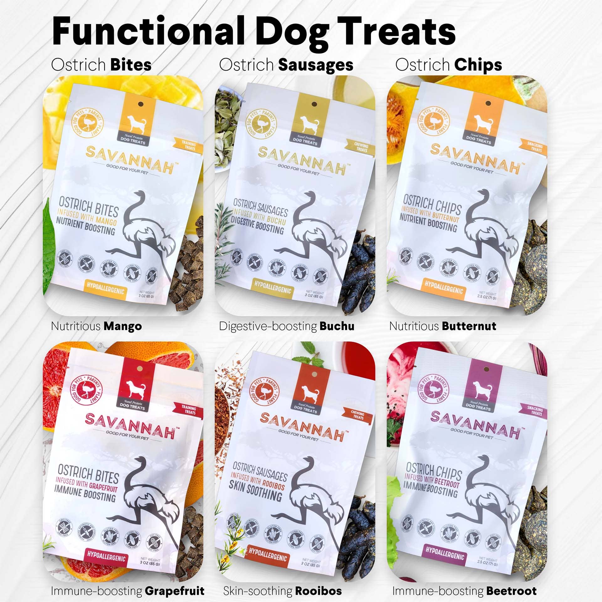 Savannah Pet Food - Vente Friandises – chien - Friandises hypoallergéniques pour chiens aux croustilles d'autruche avec noix musquée5