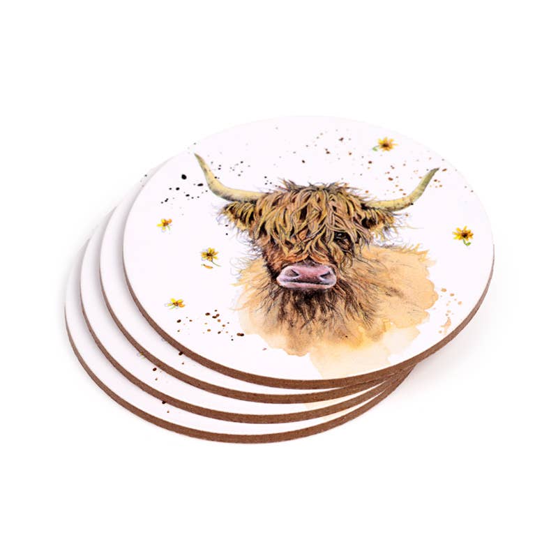 Puckator Ltd – wholesale Coasters – Jan Pashley Highland Coo Set of 4 Cork Coasters2
