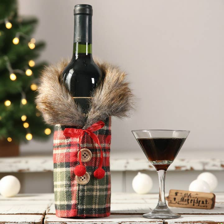 MKS America - Wholesale Christmas Decoration - Christmas Decorative Fur-Collar Plaid Wine Bottle Cover