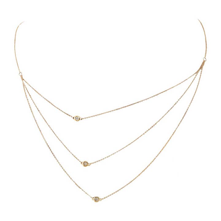 Diamond Sideway Bezel Triple Chain Necklace 14K for wholesale by By Adina Eden