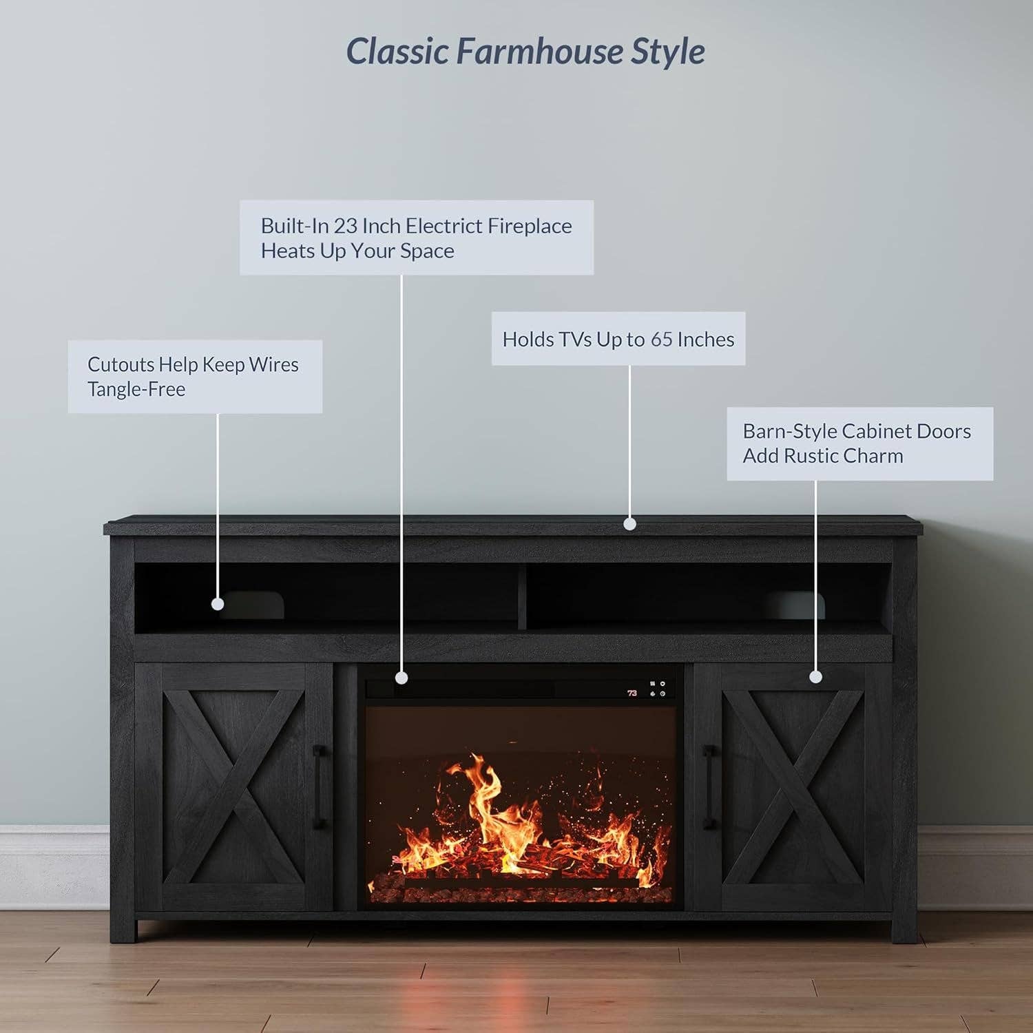 58 Inch Farmhouse TV Stand With Electric Fireplace Grey for wholesale on Faire3