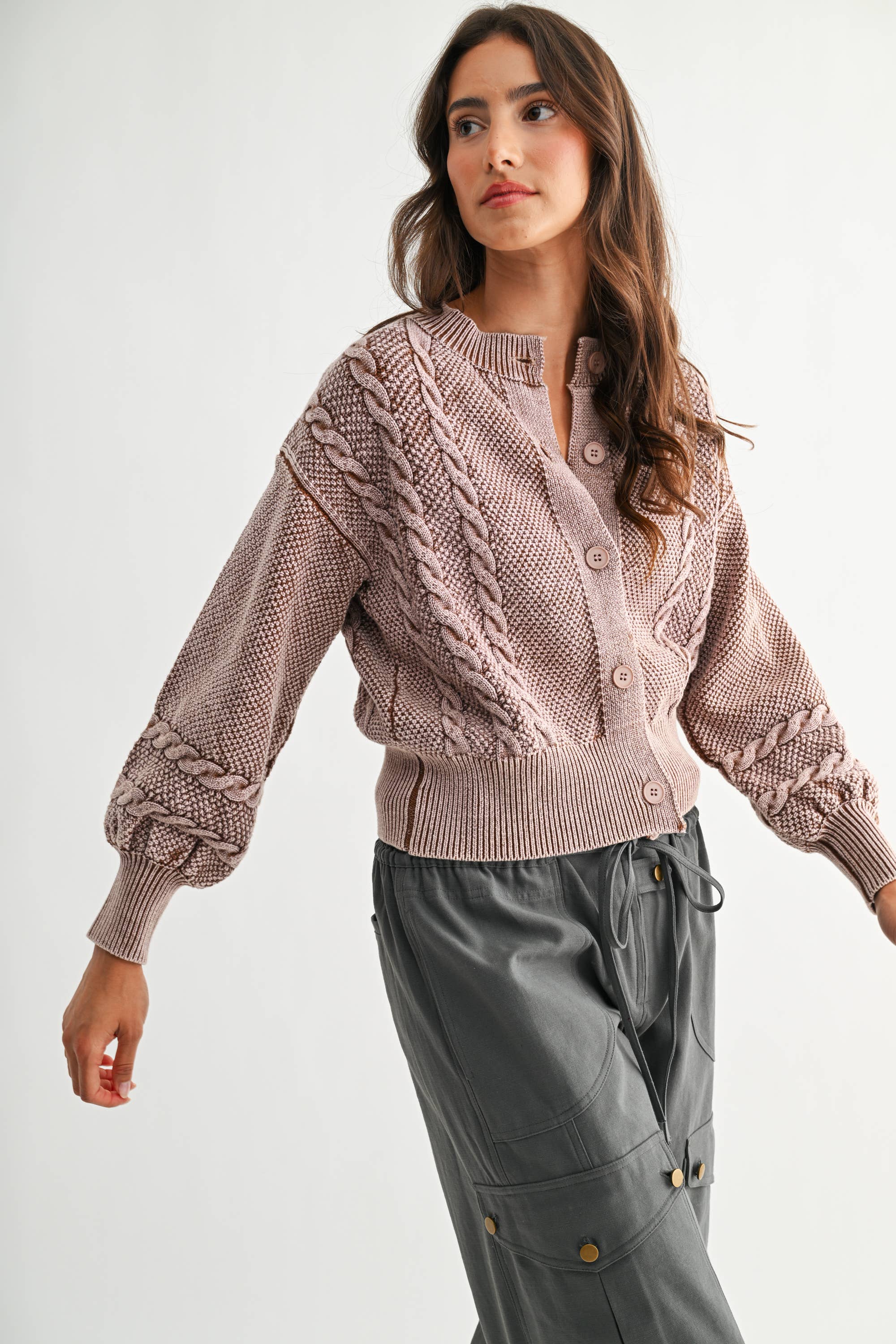 Camellia - Wholesale Cardigan - Women's - CW10019E WASHED BLENDED BROWN CABLE KNIT CARDIGAN47