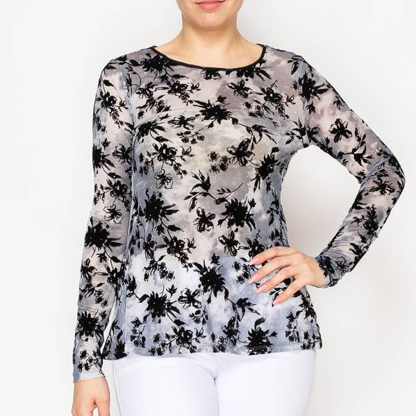 Haut à manches longues semi-transparent avec détails en velours floral et paillettes - 4848GRIS pour la vente par Origami Apparel ~ Lace and Crochet inspired