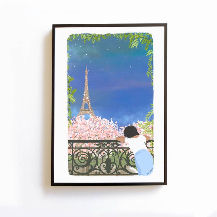 A Night in Paris poster, Eiffel Tower, cherry blossoms A4 - A5 for wholesale by AKABE PARIS