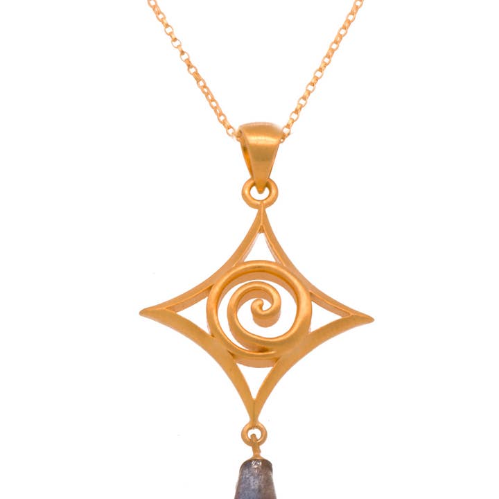 Gratitude Spiral Cabochon Drop Labradorite Pendant Necklace 24K Gold Vermeil for wholesale by Joyla Jewelry