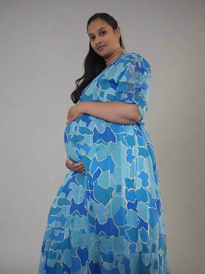 Light and Dark Blue Flower Maxi Dress for wholesale by Mamma | Maternity & Nursing Wear