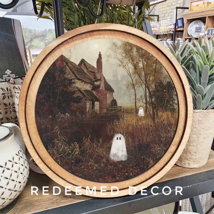 Redeemed Decor - Wholesale Art Print - 8" Round Halloween Ghost Cottage Art
