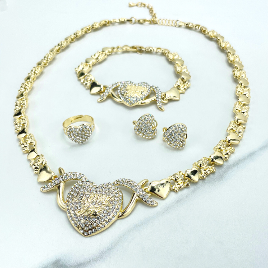 Luxus Accessories – wholesale Jewellery set – 18k Gold Filled "I Love You" CZ Heart Charms, XoXo and Teddy Bear Linked Chain Set1