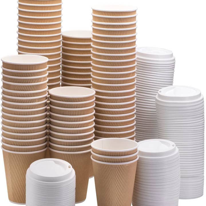 singleware - Wholesale Disposable cup - NYHI Set of 100 Brown Disposable Paper Cups with White Lids (10-oz) | Ripple Insulated Kraft for Hot Drinks - Tea & Coffee | Triple Layer Design | Eco- Friendly, Recyclable, Durable Paper1