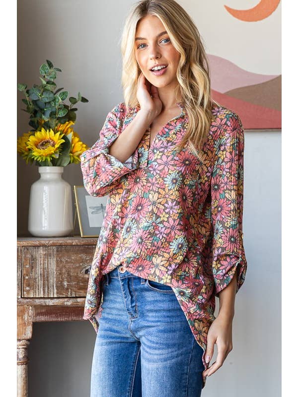 MOCHA MULTI ST1002-108 THREE QUARTER BUTTON SLEEVE MANDARIN FLORAL TOP for wholesale on Faire