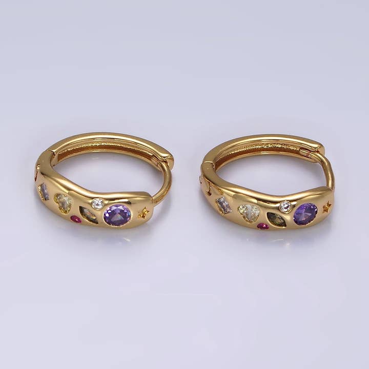 14K Gold Filled Multicolor CZ Dot Marquise Heart 15mm Huggie Earrings | AE916 for wholesale by Aim Eternal