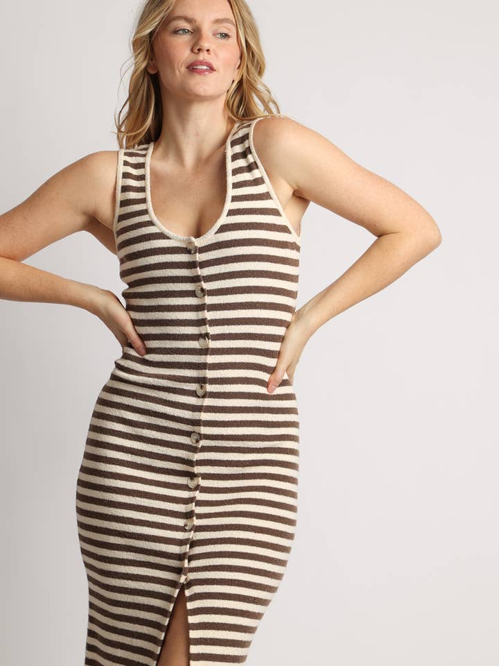 Contrast Striped Knit Sleeveless Midi Button Up Dress PM3080 for wholesale by Beulah Style