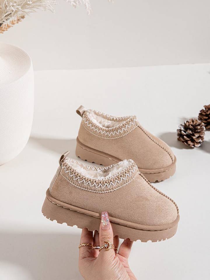 BEIGE SUEDE KIDS EMBROIDERED FLUFFY FAUX FUR PLATFORM SLIPPERS 25/30 for wholesale on Faire3