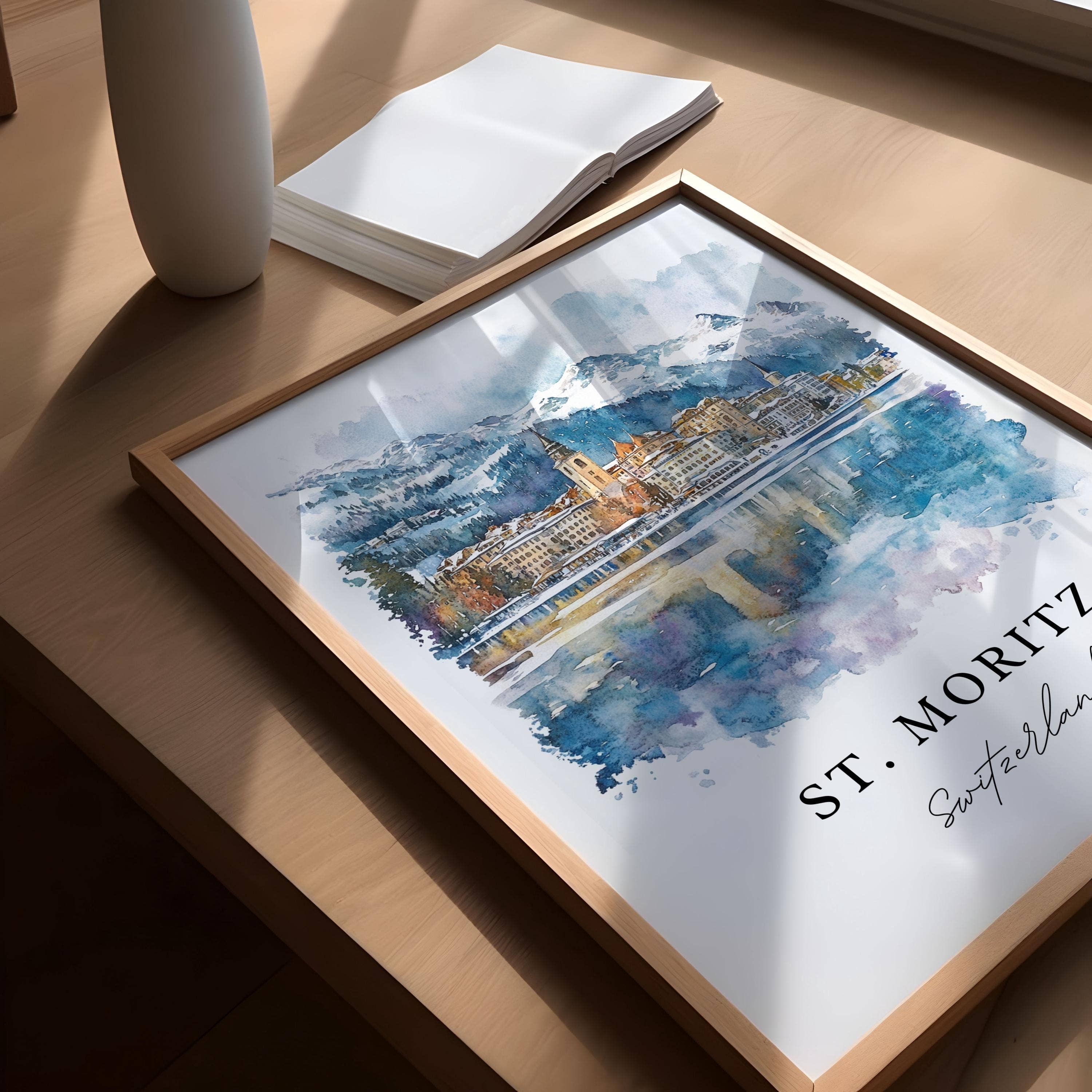 Premium Travel Art - Vente Affiche d'art - Art mural de St. Moritz, Impression de St. Moritz, Art aquarelle de Saint Moritz, Cadeau de la vallée de l'Engadine,3