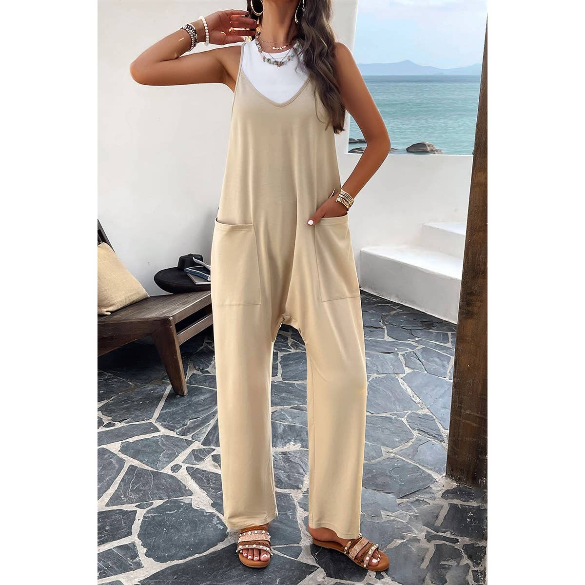Supreme Fashion - Wholesale Jumpsuit - Women's - Pocketed Spaghetti Strap Loose Sleeveless Jumpsuit1