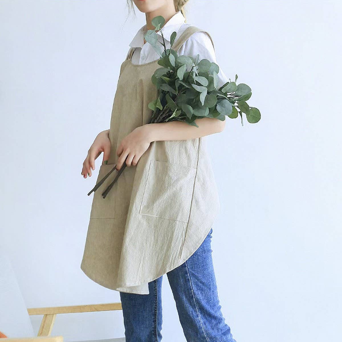 NINEXIS - Wholesale Apron - CWAB3993_COTTON AND LINEN SOLID COLOR TIE-FREE WORK APRON5