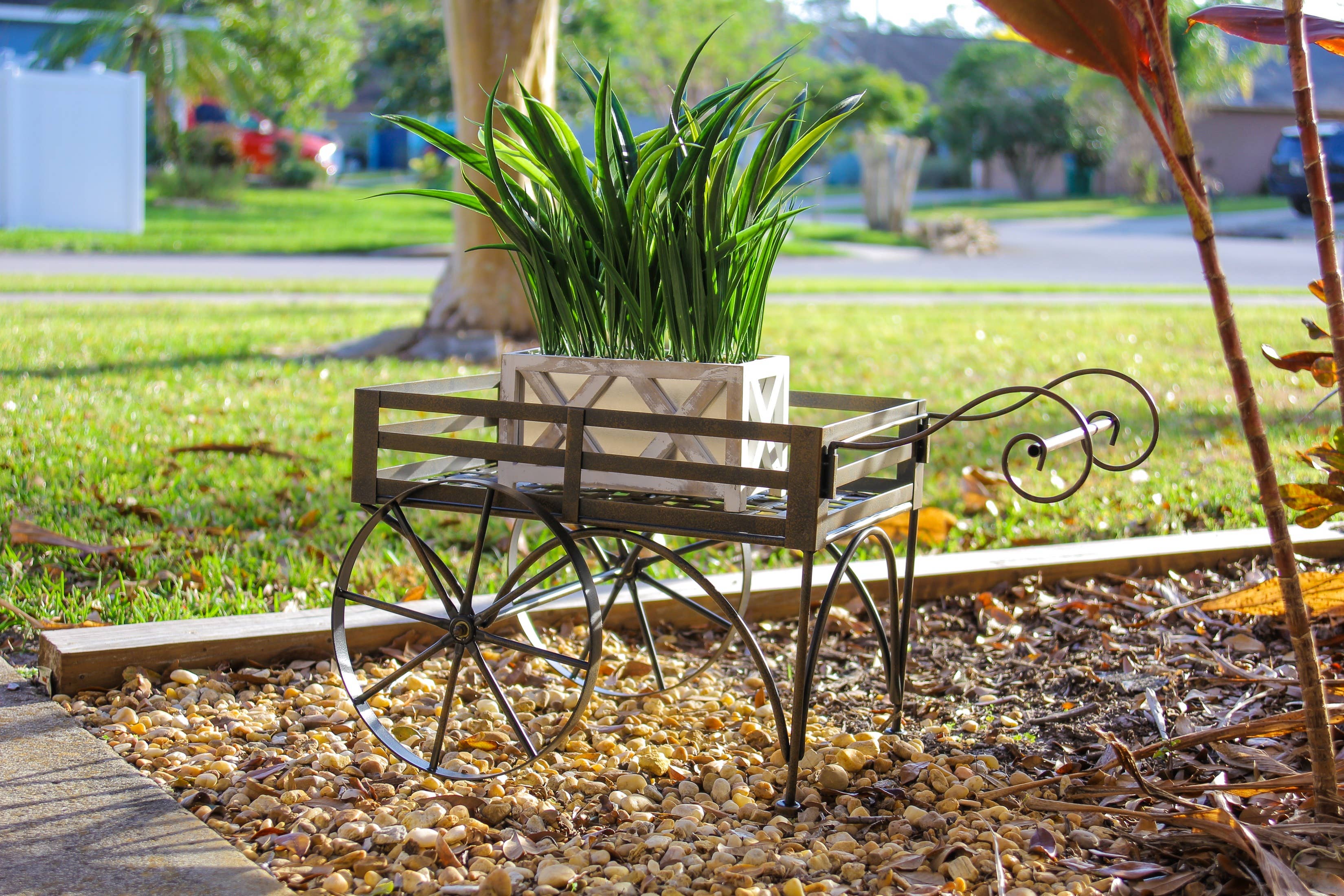 Zeckos - Wholesale Plant Pot Stand - 26 Inch Rustic All Metal Wagon Cart Plant Stand6