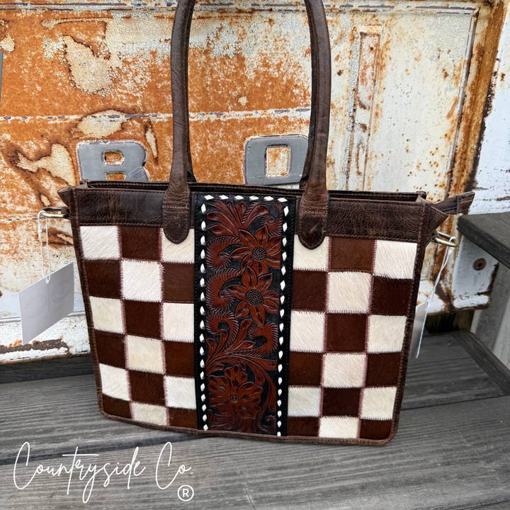 Wynonna Cowhide Checkered Tote Handbag for wholesale by Countryside Co.