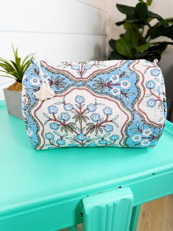 Quilted Toiletry Makeup Bags | Cosmetics Bag | Blue Petals for wholesale by Folklore Couture
