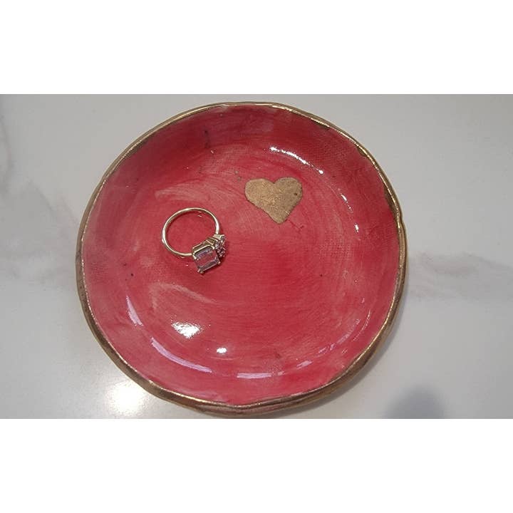 24k Gold Luster Heart Small Red Handmade Ceramic Ring Dish for wholesale by Rough Ware