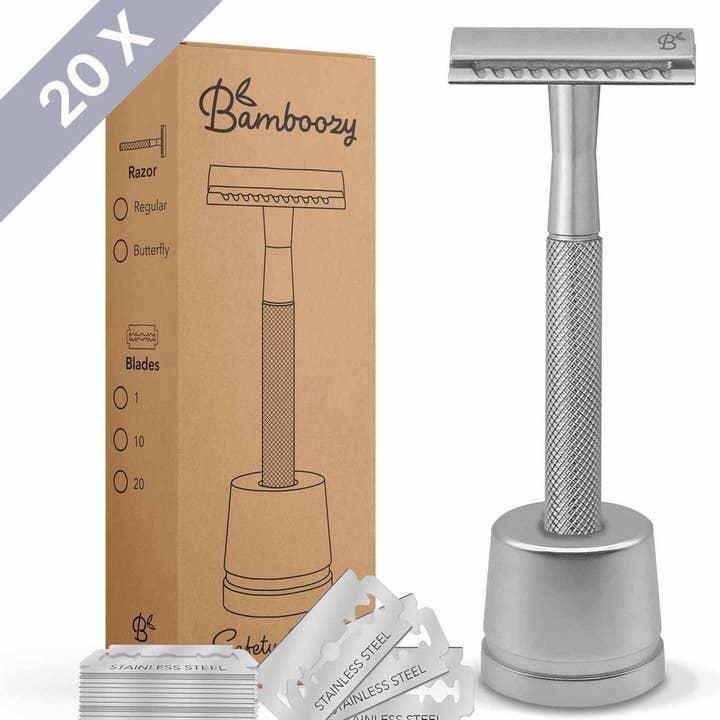 Bamboozy x Cosmeau – wholesale Razor – Safety Razor with Stand · 20x Platinum Blades16