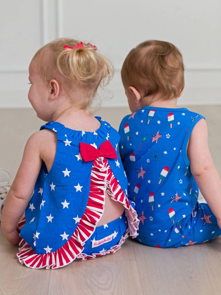 RuffleButts + RuggedButts - Wholesale Top & Short Set - Baby - Baby Girls Stars & Stripes Knit Swing Top and Bloomer Set