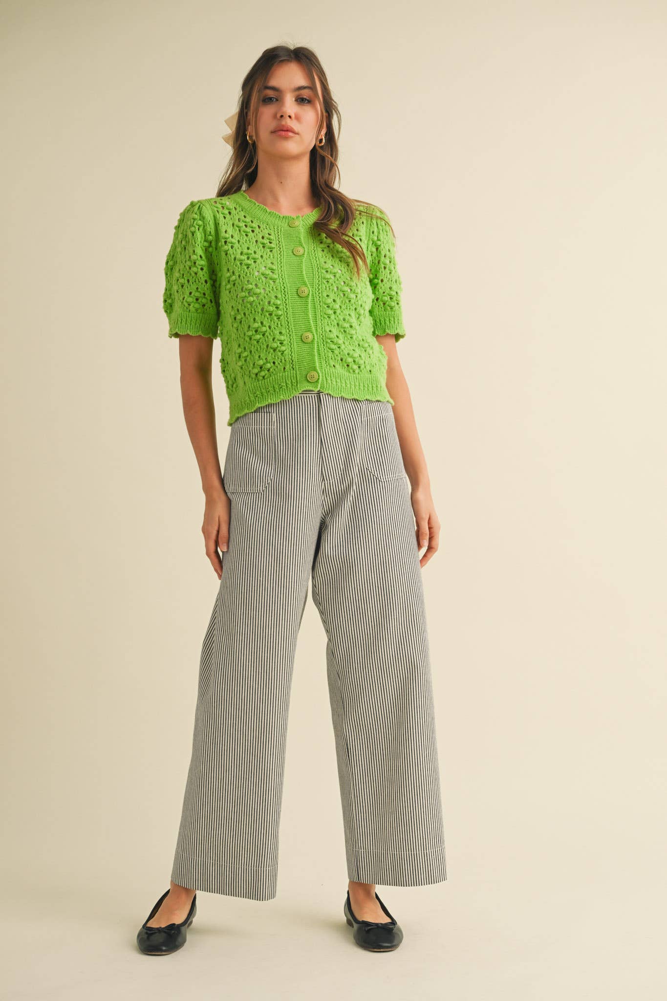 &MERCI - Wholesale Cardigan - Women's - CROPPED POINTELLE BUTTON DOWN SWEATER CARDIGAN MSW1085726