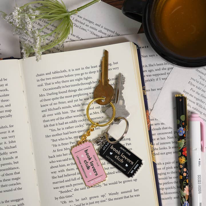 book lovers club keychain – black, pink, bookish, enamel for wholesale by Doodles x Steph