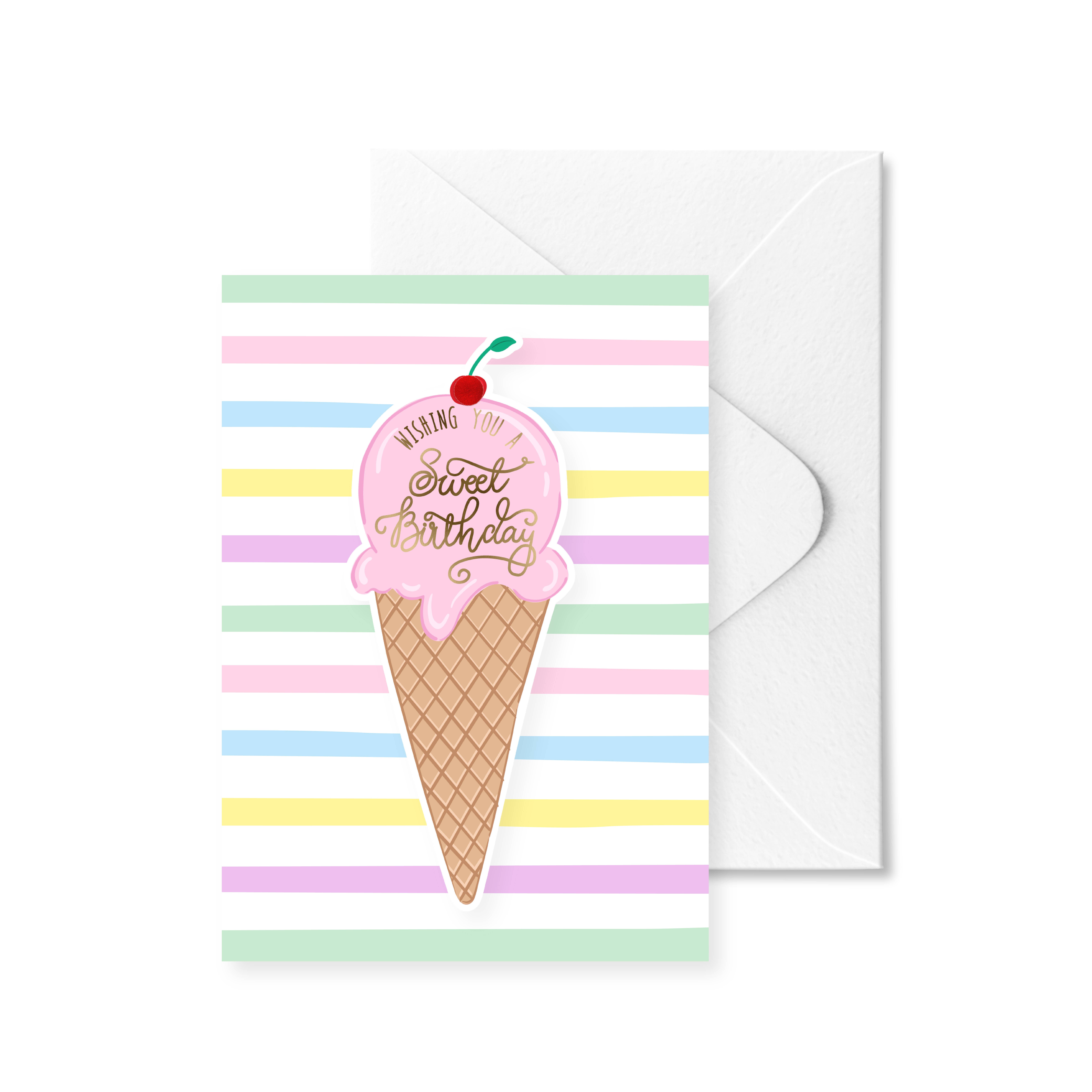 Black Bow Studio - Wholesale Birthday card - Sweet Birthday Pink Ice Cream Pom Pom Greeting Card