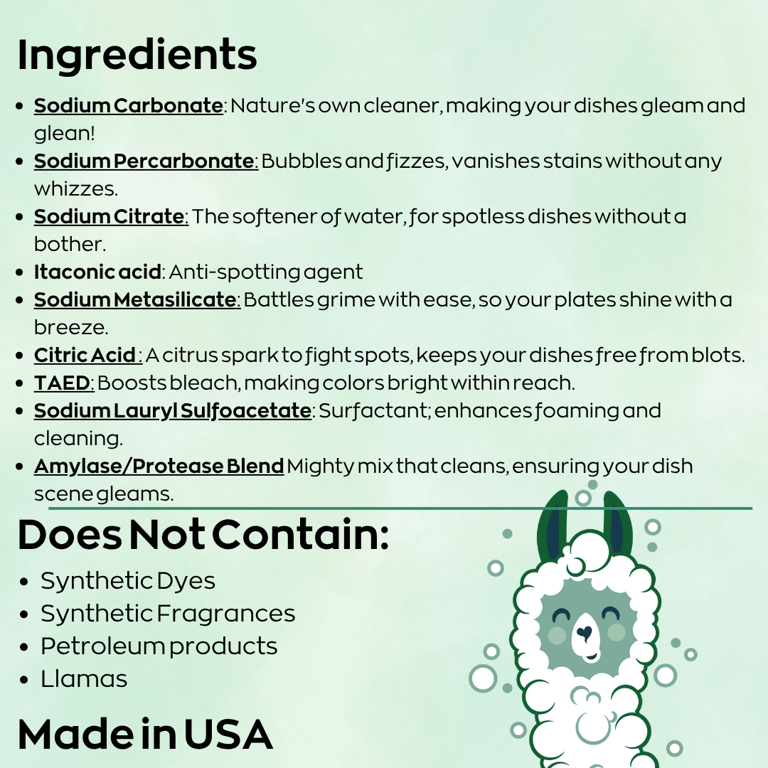 Green Llama – wholesale Dishwasher tablets – Unscented, PVA Free Dish Washer Tabs -  Case of 5503