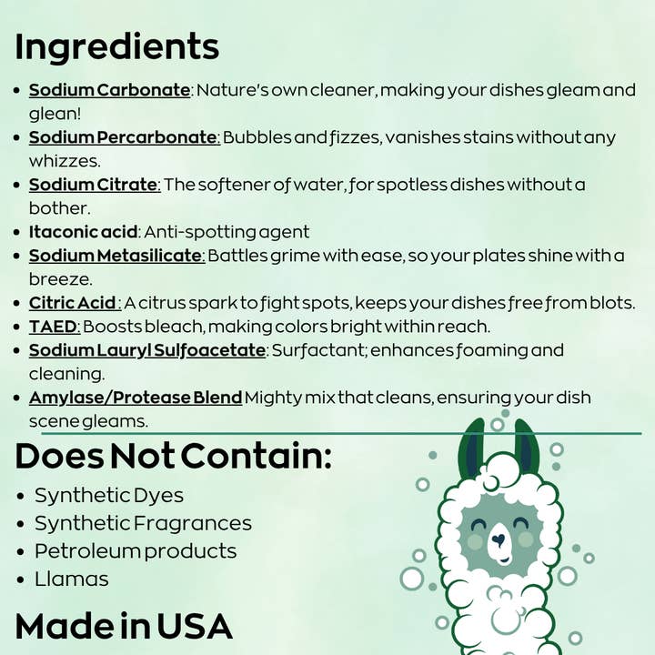 Green Llama – wholesale Dishwasher tablets – Unscented, PVA Free Dish Washer Tabs - Case of 5503