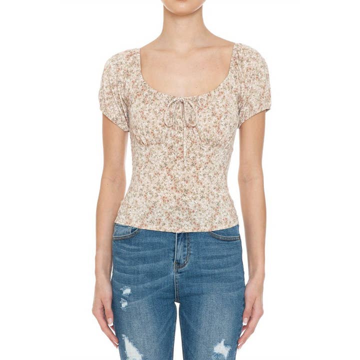 FLORAL PRINT SWEETHEART NECKLINE SELF TIE FRONT SHORT PUFF S for wholesale by UP CLOTHING