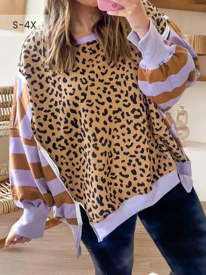 66Leopard Striped Patchwork Plus Size Sweatshirt (S-4X) for wholesale by 66DISCO