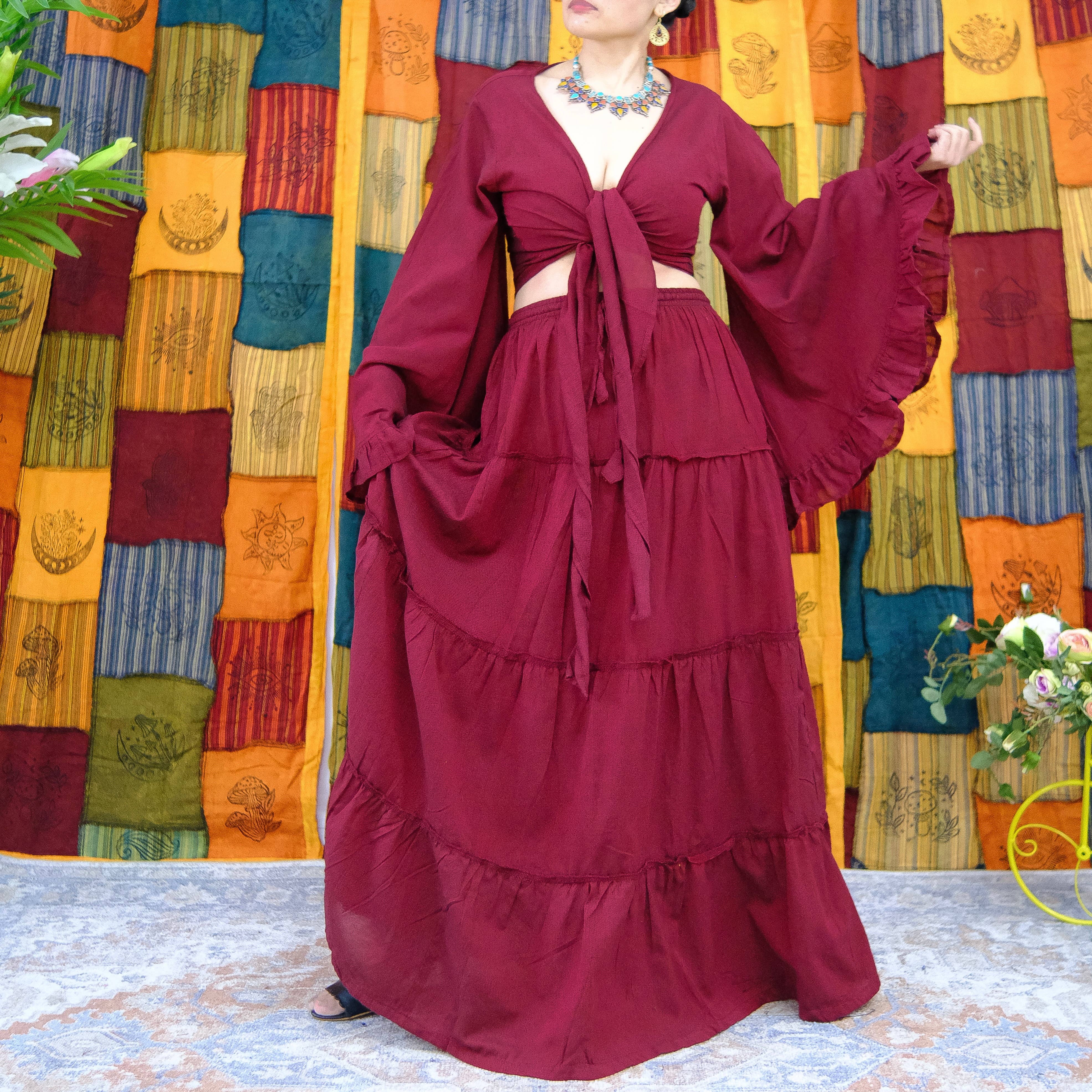 Karma Nepal Crafts - Vendita all'ingrosso Completo top e gonna - Donna - Set top con gonna fluida in cotone a strati con maniche a balze2