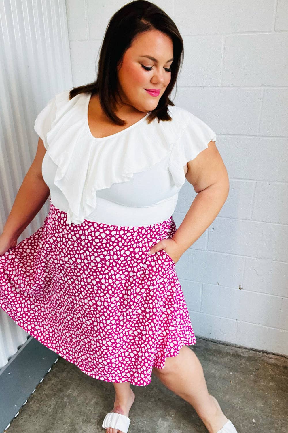 Promenade - Vente Robe – femme - Robe tissée à col en V à volants à deux fers en forme de léopard fuchsia (lot ouvert)7